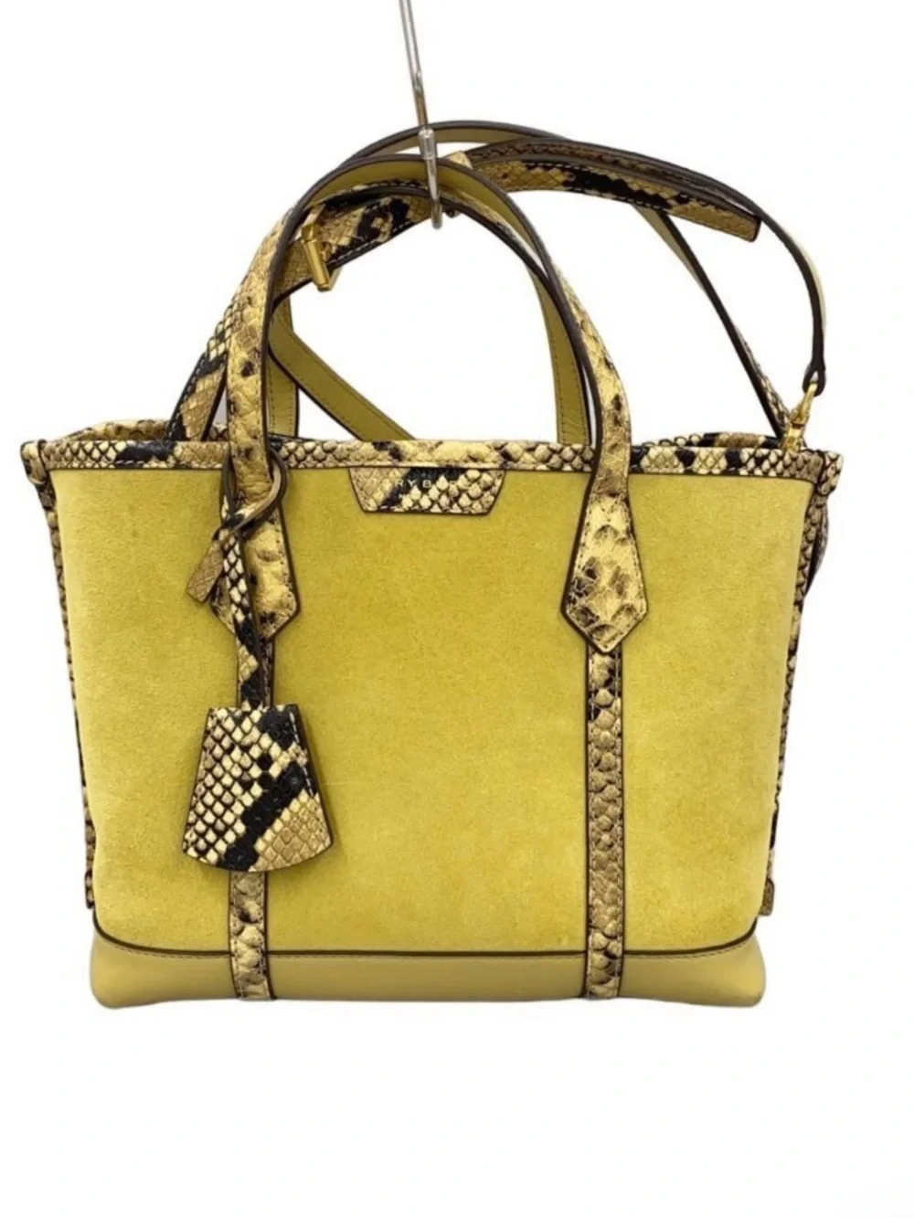 Tory Burch Yellow Suede Tote Bag with Snake-Print Trim